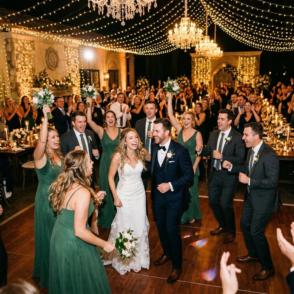 A bridal party laughing and dancing enthusiastically during a wedding reception entrance, warm lighting, elegant but highly energetic and fun atmosphere.